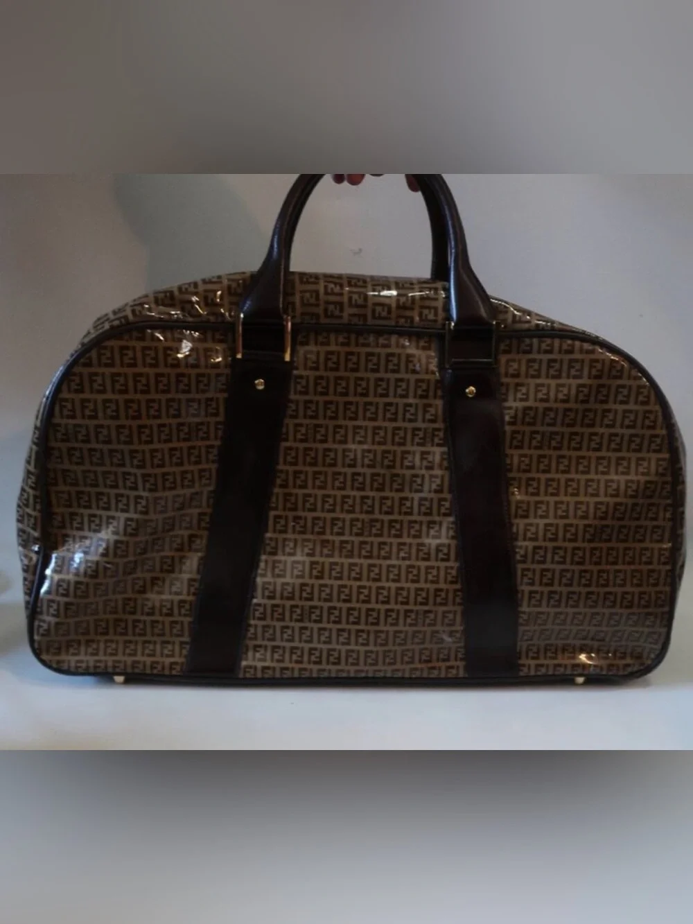 Vintage Authentic FENDI Zucchino Brown Vinyl Monogram Travel Duffel Boston Bag
